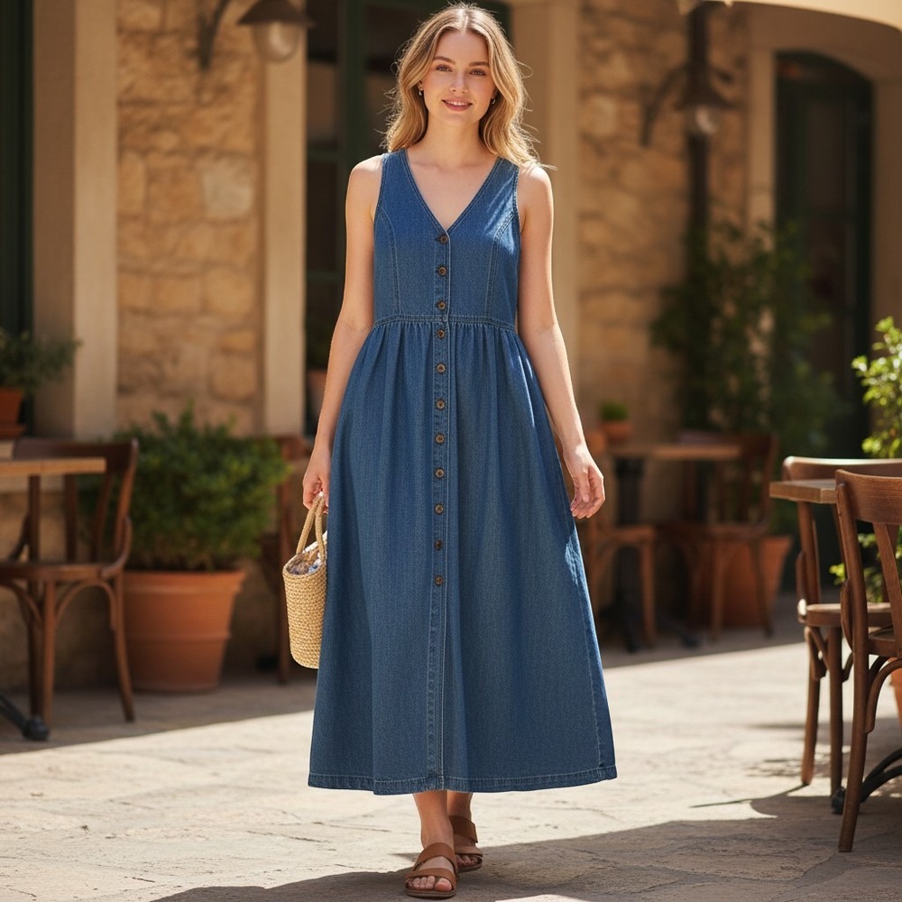 VTG Womens 8 Classic Denim Midi Dress 100% Cotton Buttons V-Neck 90s Cottage